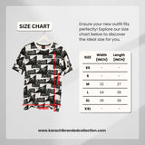 Size chart for a t-shirt with dimensions and a reference to Karachi Branded Collection website.