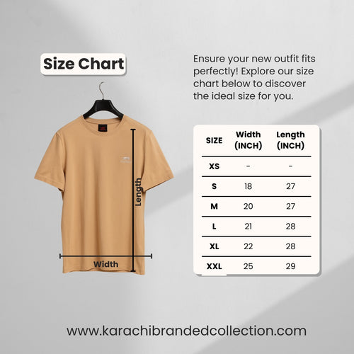 Size chart for a t-shirt with dimensions and a beige t-shirt on a hanger.