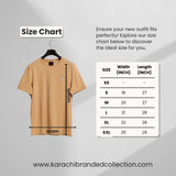 Size chart for a t-shirt with dimensions and a beige t-shirt on a hanger.
