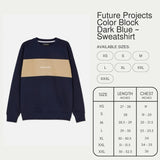 Navy and beige color block sweatshirt with size chart on a light gray background