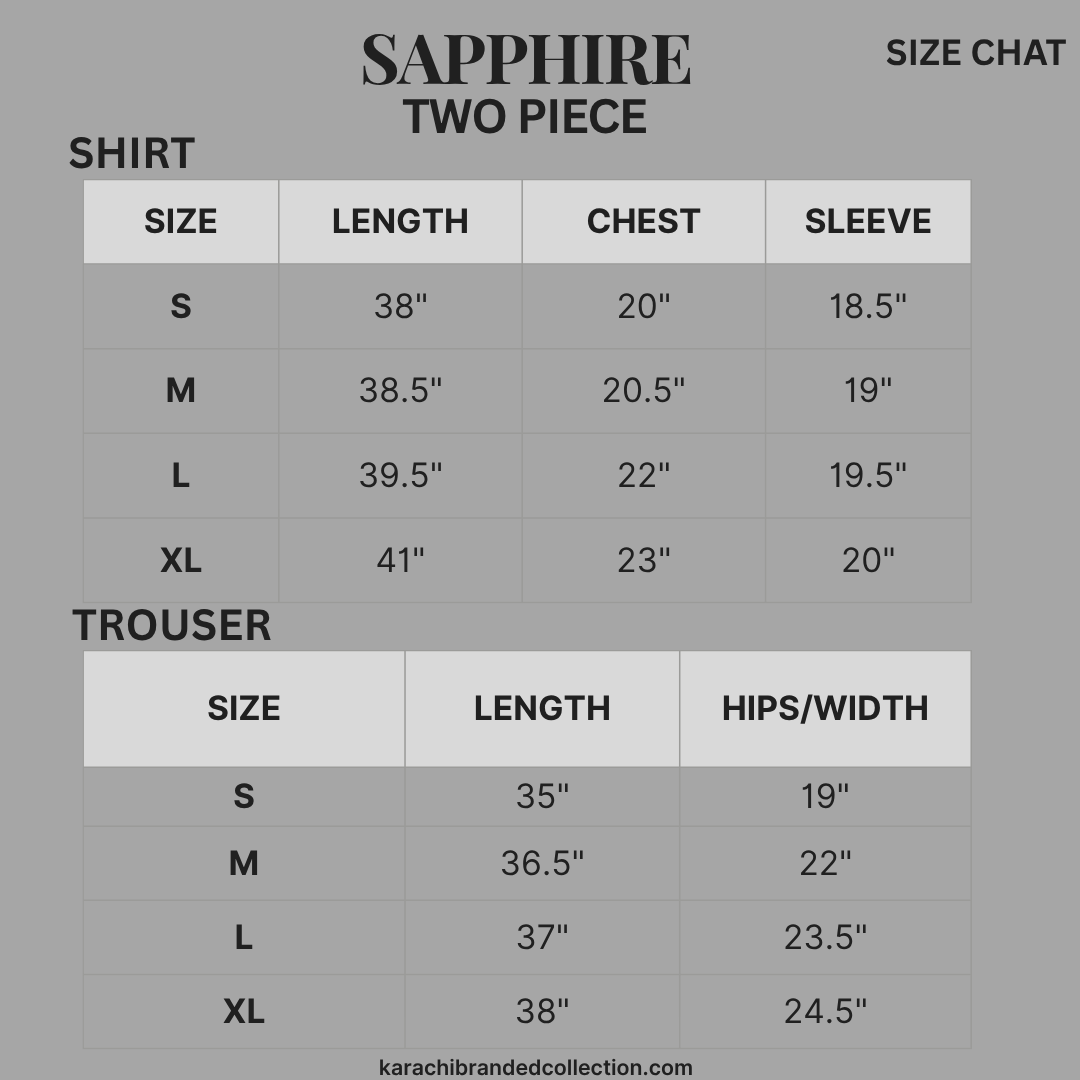 Size chart for a two-piece outfit with shirt and trouser measurements on a gray background.
