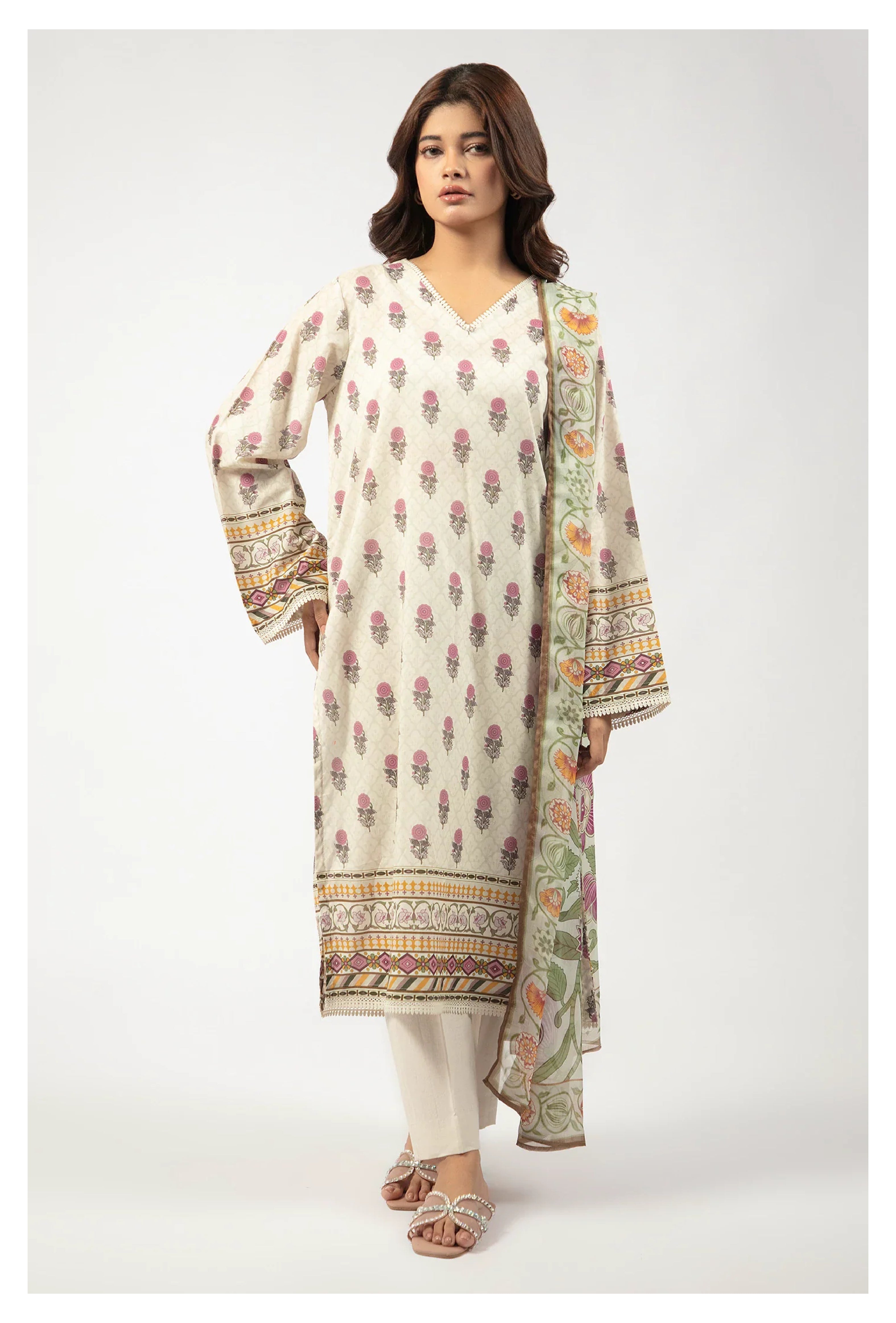 Sohaye | Beige Printed 3PC Unstitched Suit by Diners