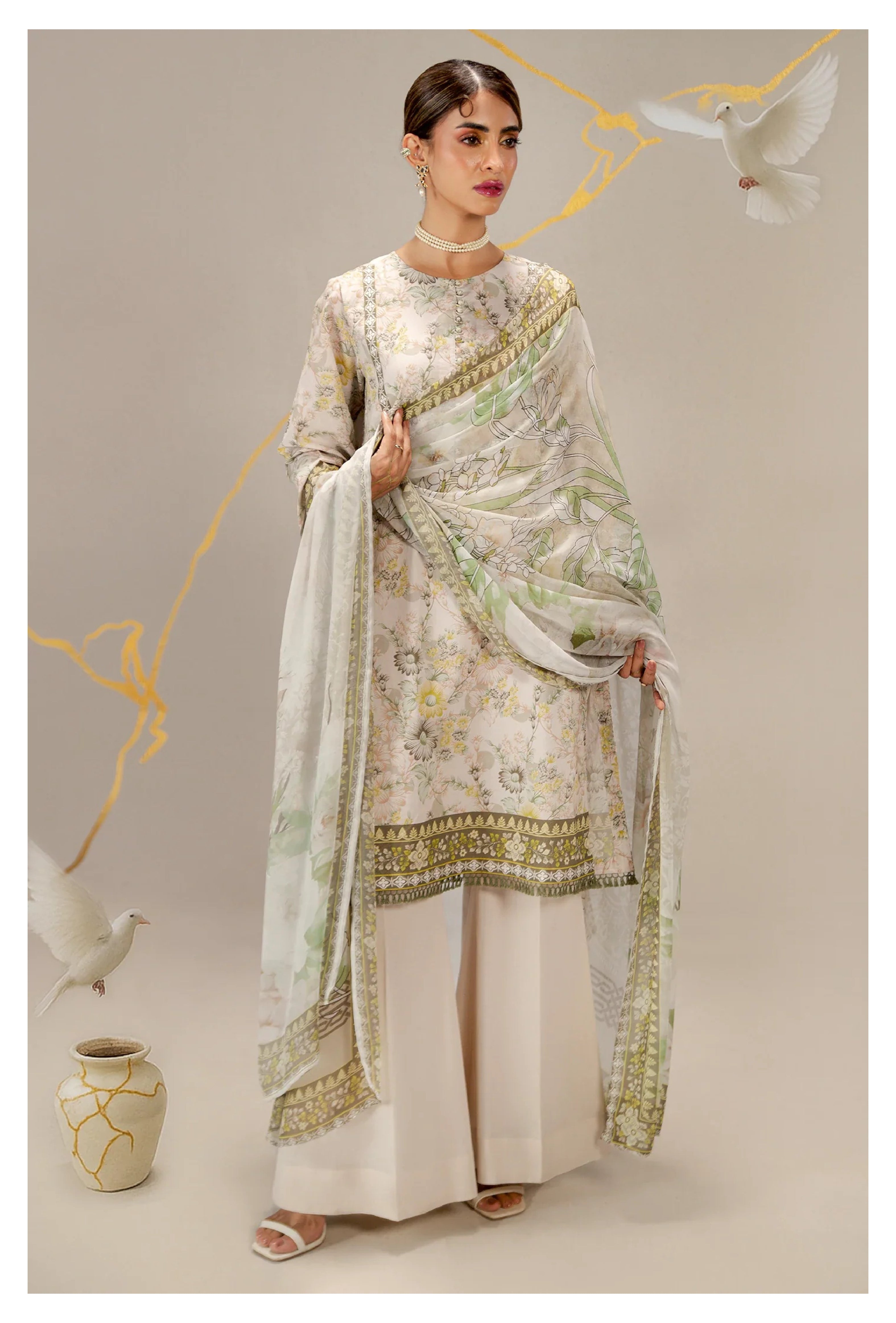 Sohaye | Cream Printed 3PC Unstitched Suit by Diners