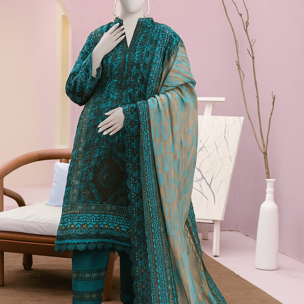 Teal embroidered outfit with matching dupatta on a mannequin against a pink wall.