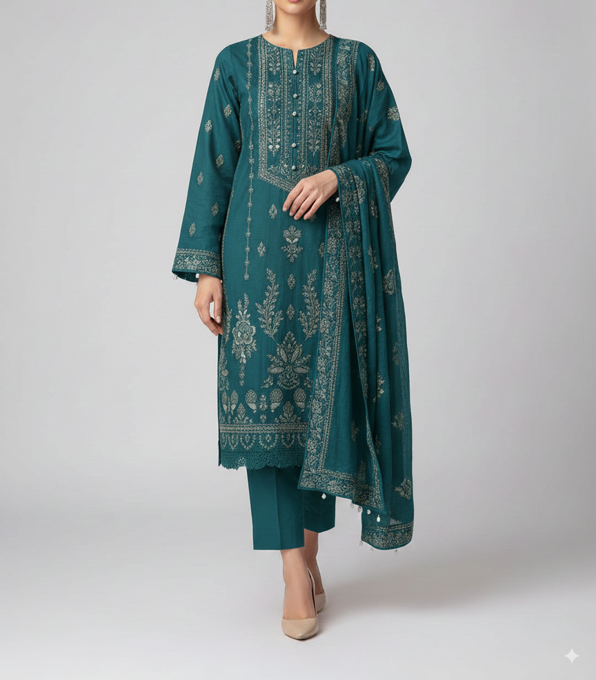 Teal embroidered traditional outfit on a white background