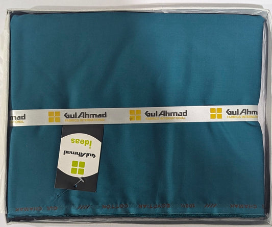 Teal fabric with Gul Ahmed branding on a clear background