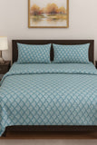 Teal patterned bedding set on a bed with a wooden headboard and lamp in the background.