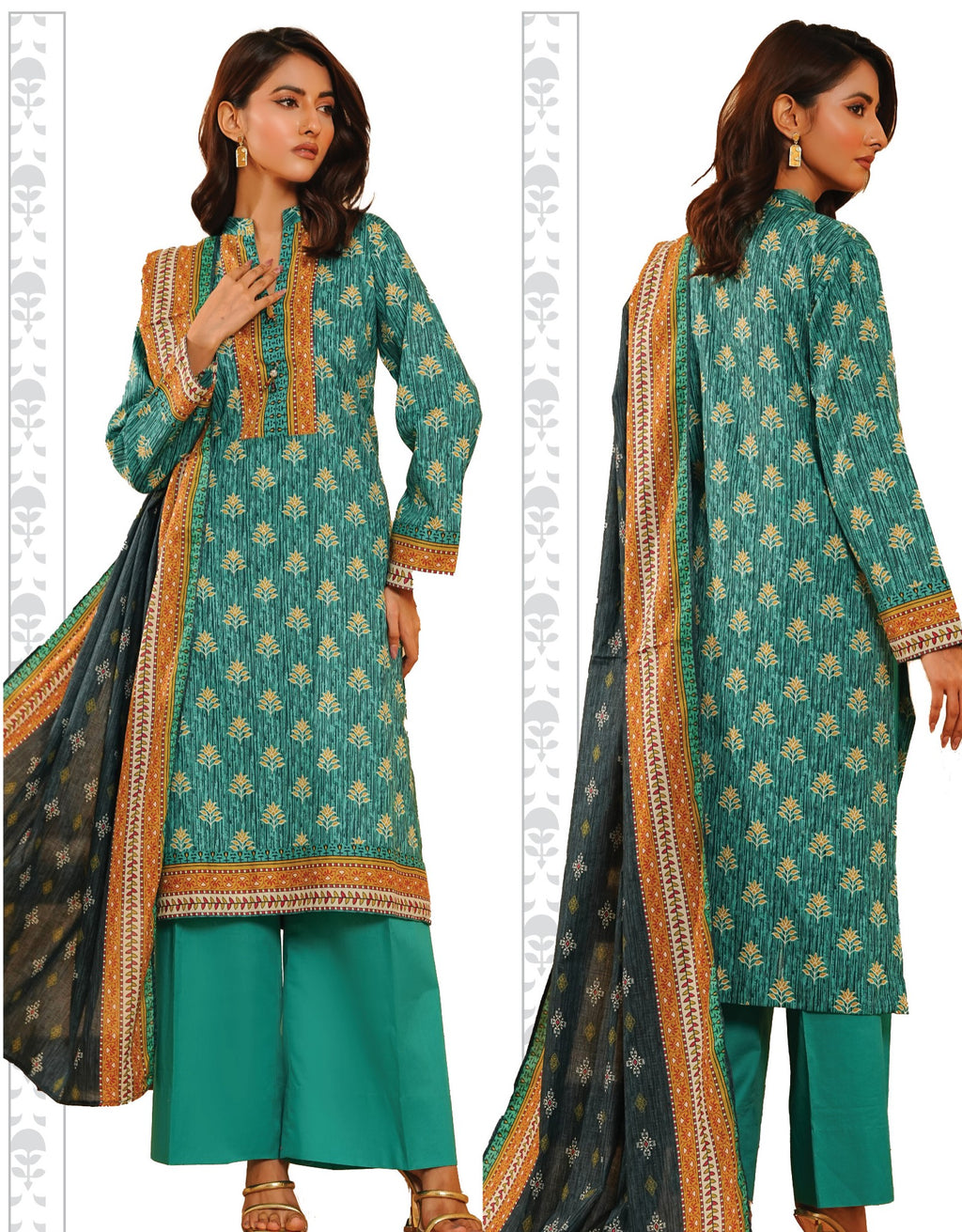 Teal traditional outfit with gold printed on a white background