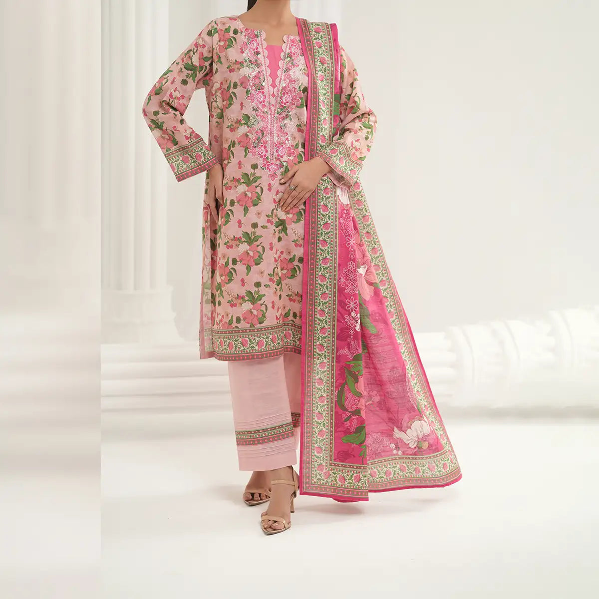 Tehzeeb by KBC Fashion – 3 Pcs Unstitched Embroidered Khaddar - Peach