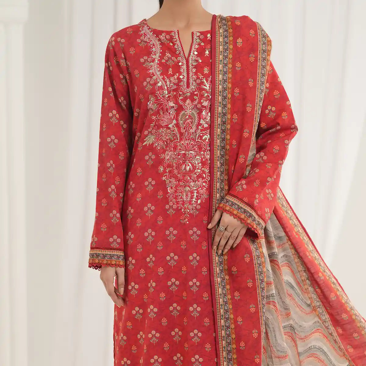 Tehzeeb by KBC Fashion – 3 Pcs Unstitched Embroidered Khaddar - Red