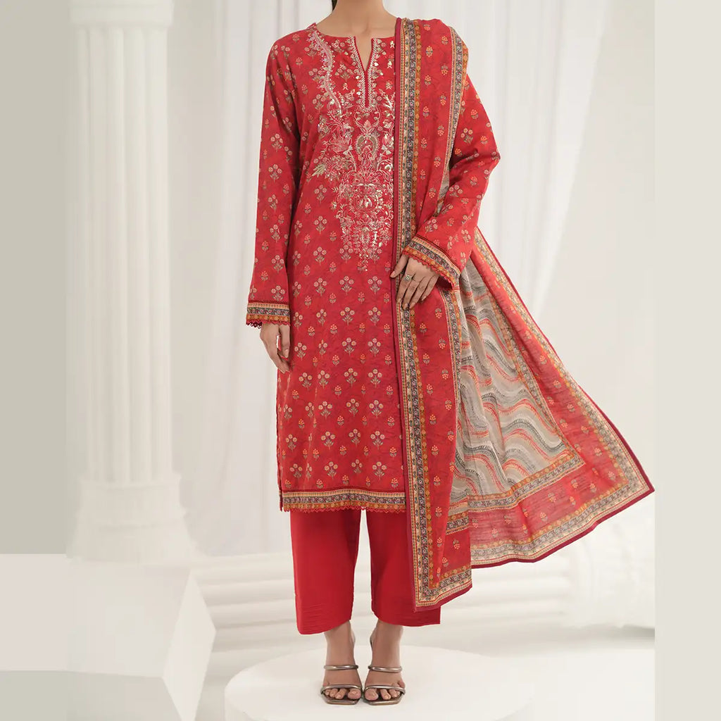 Tehzeeb by KBC Fashion – 3 Pcs Unstitched Embroidered Khaddar - Red