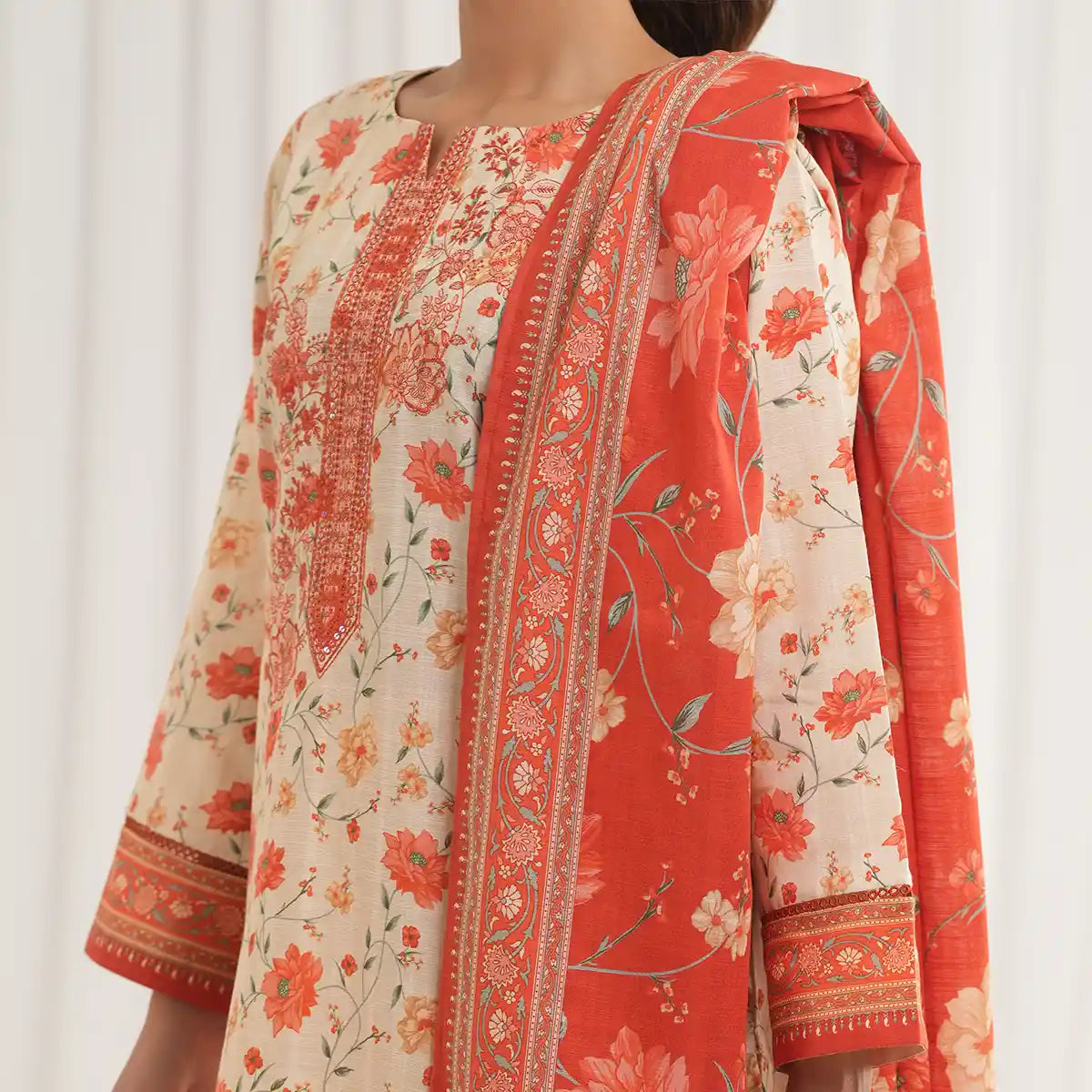 Tehzeeb by KBC Fashion – 3 Pcs Unstitched Embroidered Khaddar - Cream & Orange