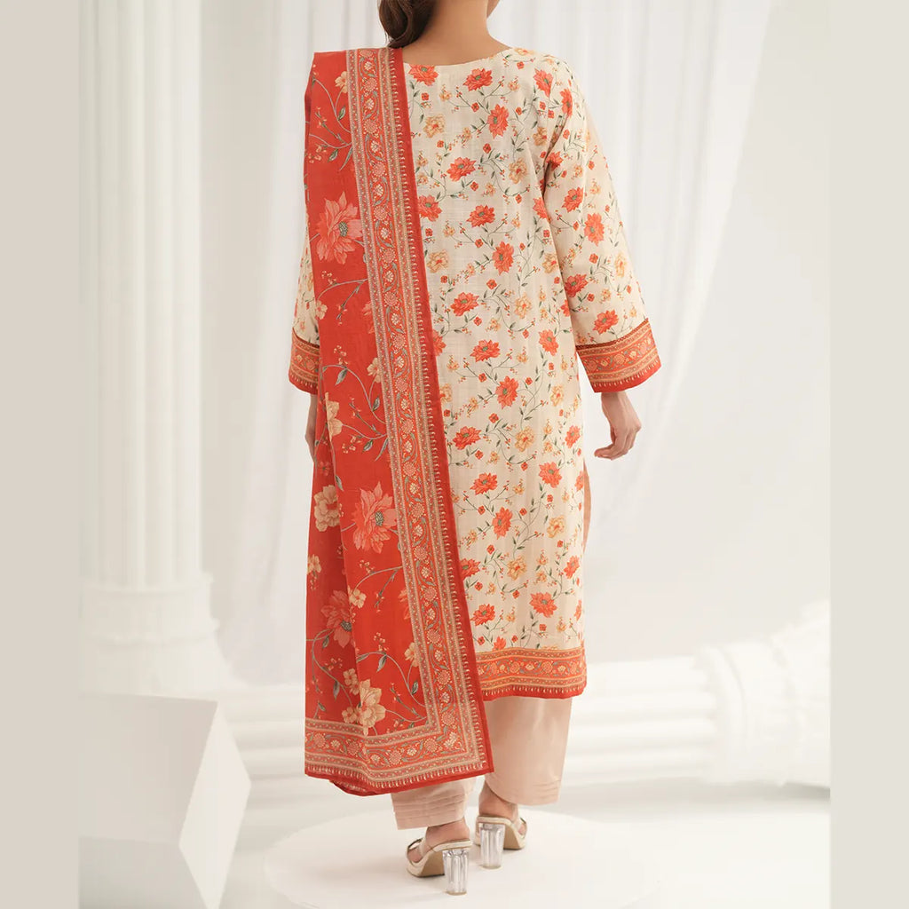 Tehzeeb by KBC Fashion – 3 Pcs Unstitched Embroidered Khaddar - Cream & Orange