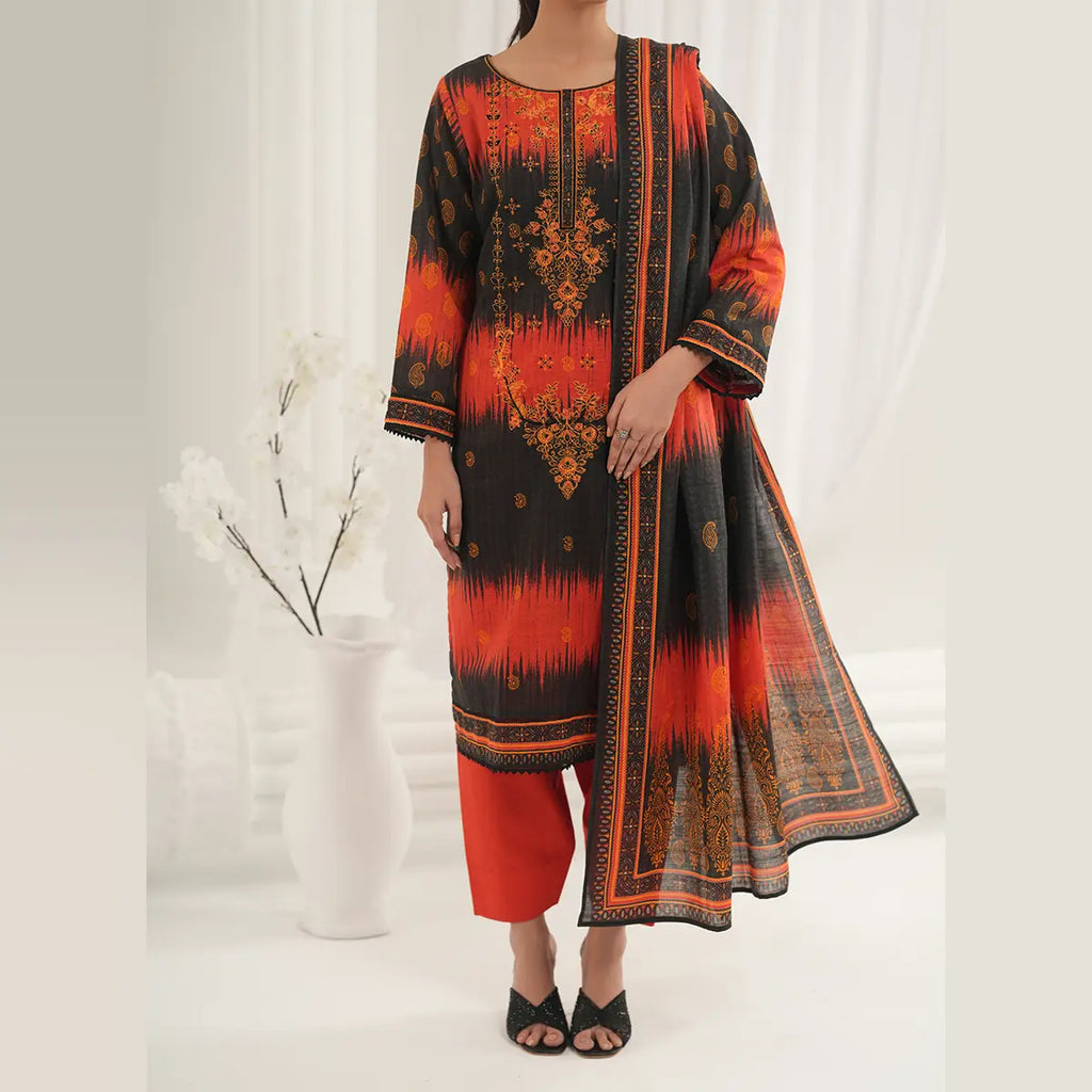 Tehzeeb by KBC Fashion – 3 Pcs Unstitched Embroidered Khaddar - Orange & Black
