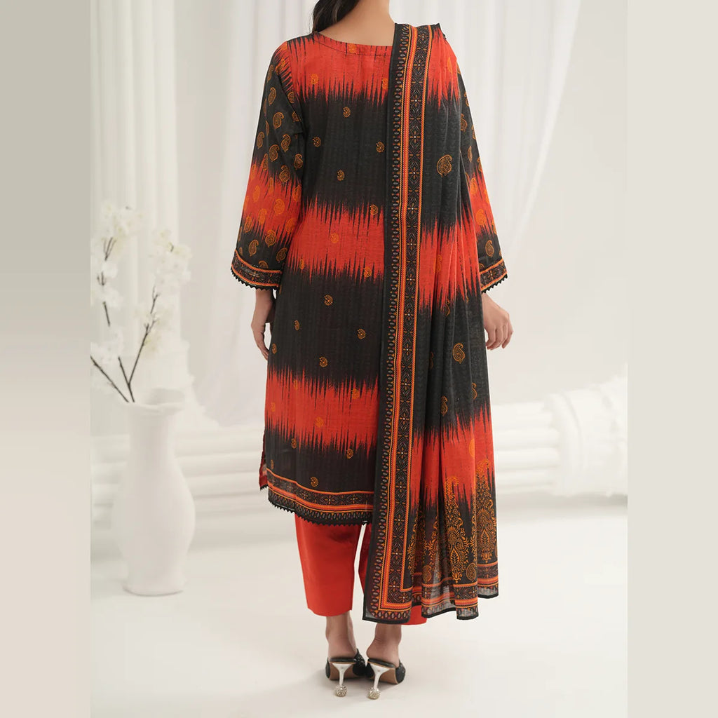 Tehzeeb by KBC Fashion – 3 Pcs Unstitched Embroidered Khaddar - Orange & Black