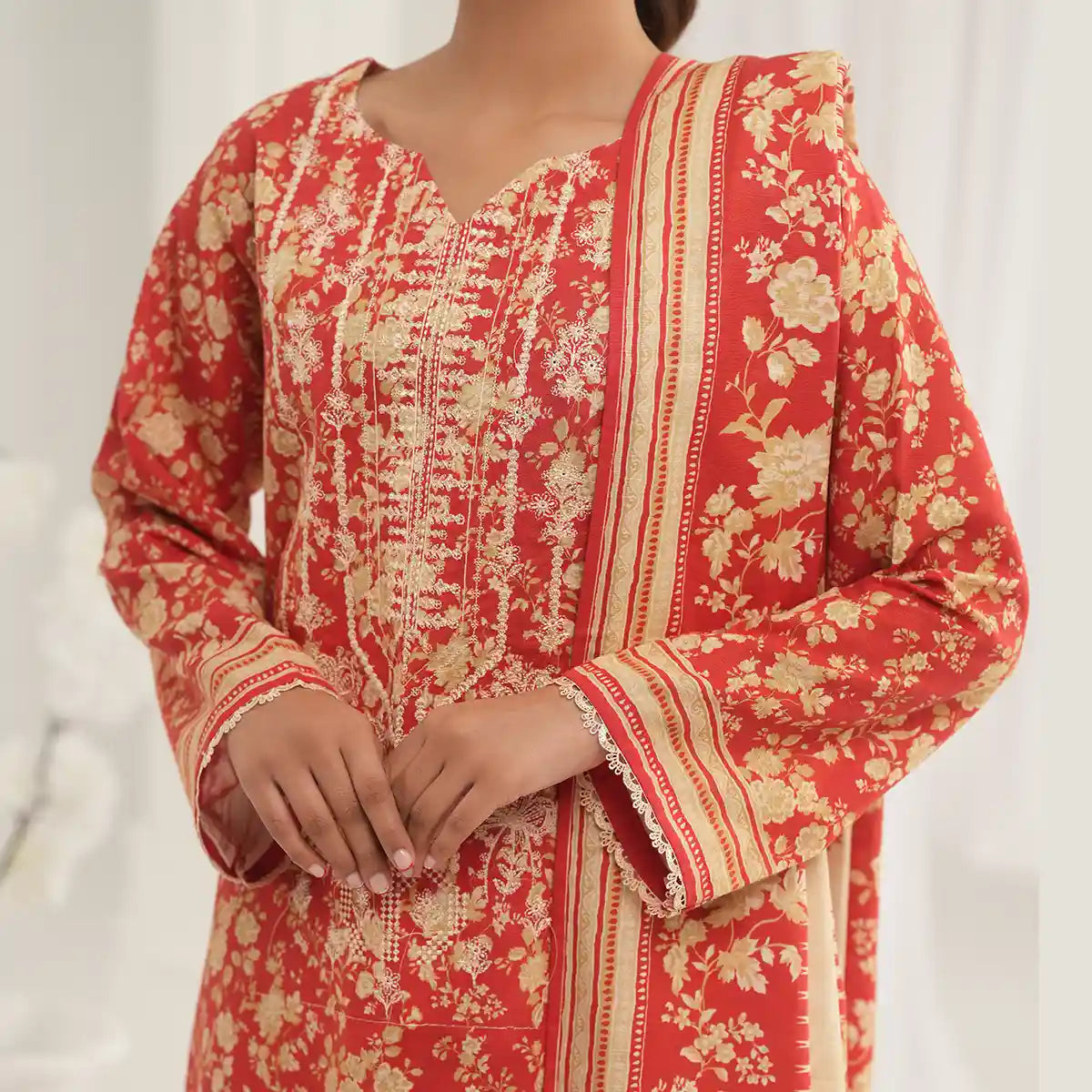 Tehzeeb by KBC Fashion – 3 Pcs Unstitched Embroidered Khaddar - Cream & Red