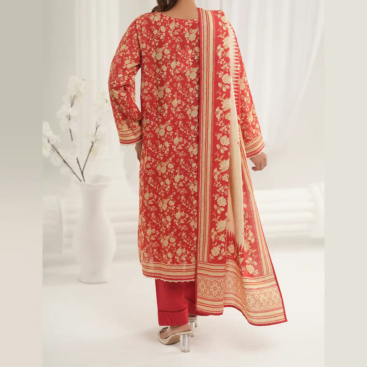 Tehzeeb by KBC Fashion – 3 Pcs Unstitched Embroidered Khaddar - Cream & Red