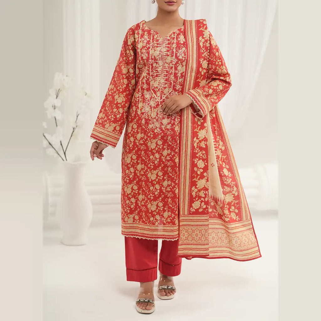 Tehzeeb by KBC Fashion – 3 Pcs Unstitched Embroidered Khaddar - Cream & Red