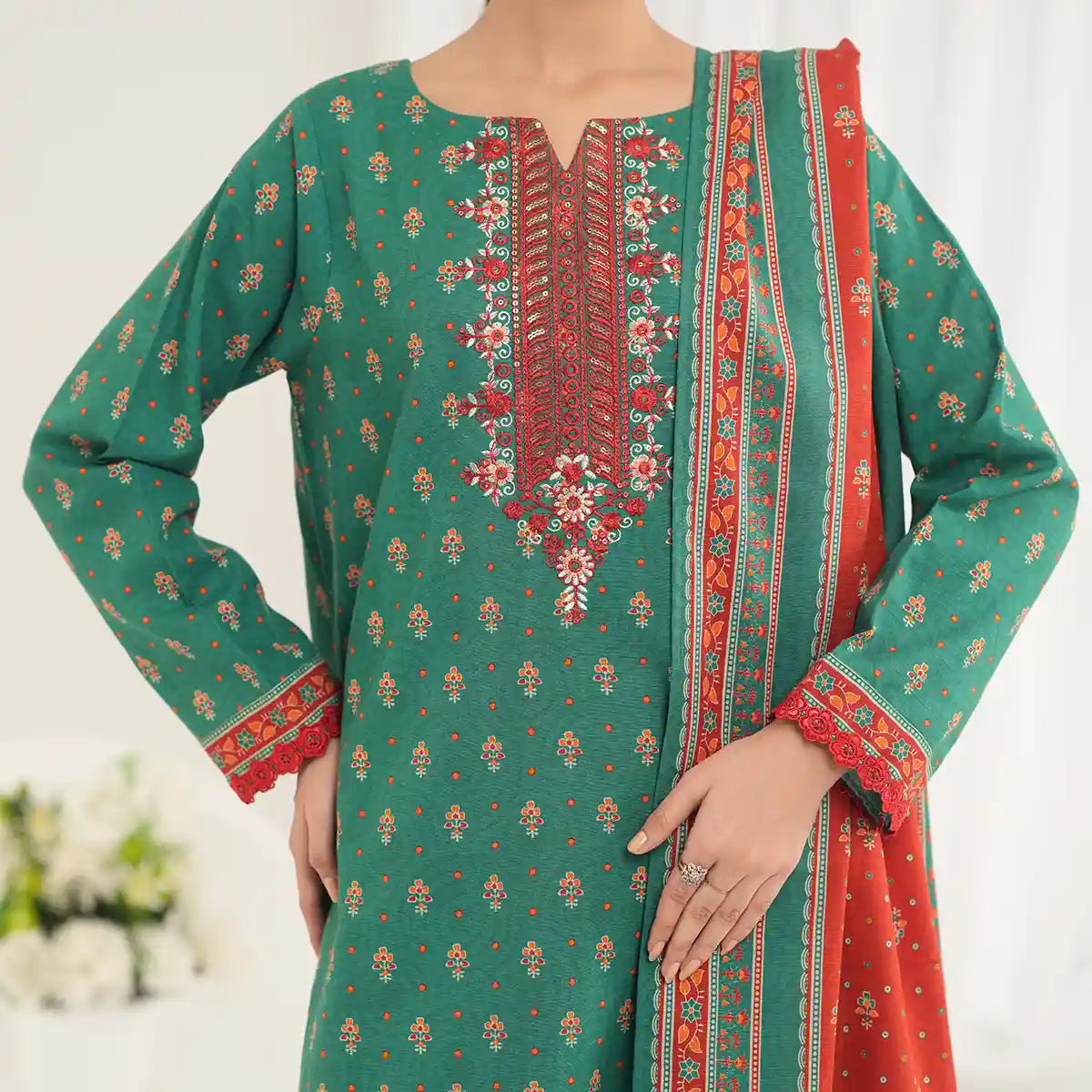Tehzeeb by KBC Fashion – 3 Pcs Unstitched Embroidered Khaddar - Bottle Green