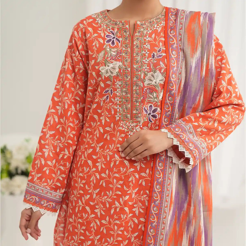Tehzeeb by KBC Fashion – 3 Pcs Unstitched Embroidered Khaddar - Light Orange