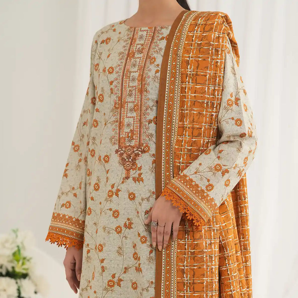 Tehzeeb by KBC Fashion – 3 Pcs Unstitched Embroidered Khaddar - Pista & Rust