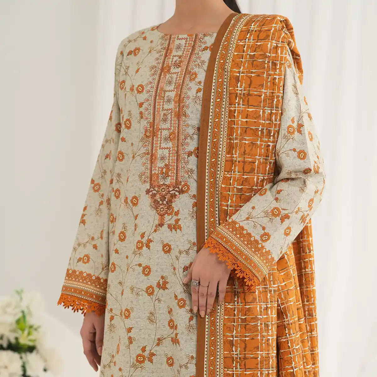 Tehzeeb by KBC Fashion – 3 Pcs Unstitched Embroidered Khaddar - Pista & Rust