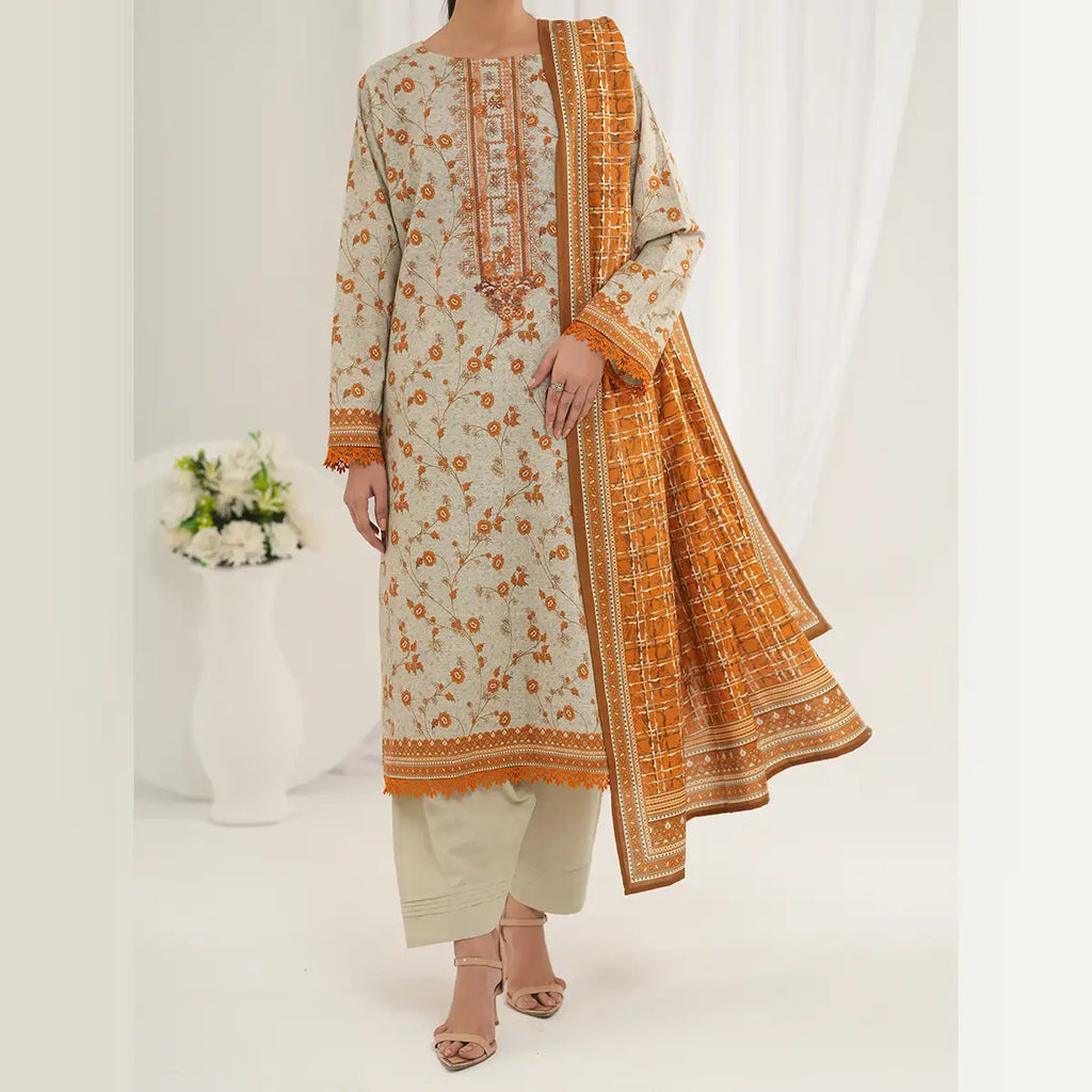 Tehzeeb by KBC Fashion – 3 Pcs Unstitched Embroidered Khaddar - Pista & Rust