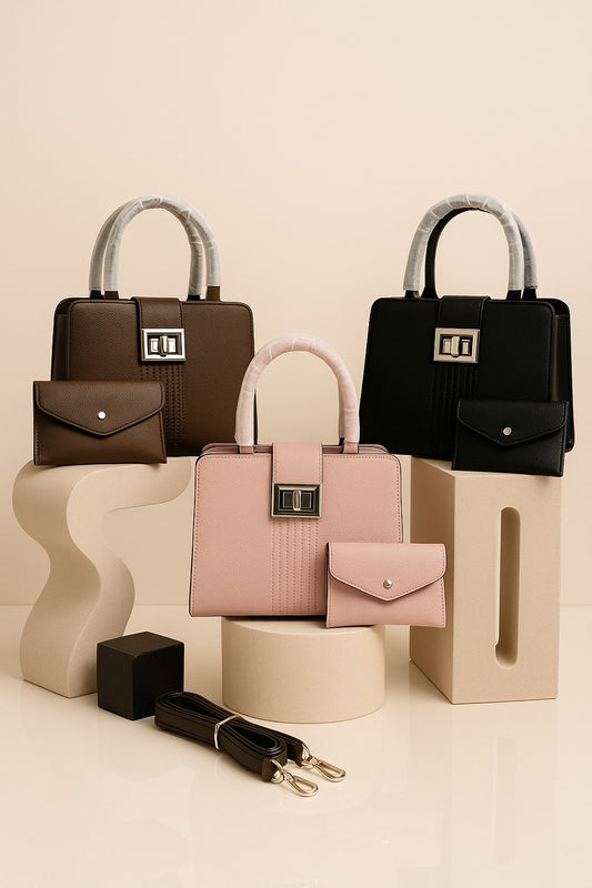 Three handbags in brown, pink, and black on a beige background