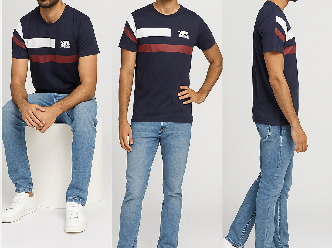 Three views of a person wearing a navy blue t-shirt with red and white stripes and a logo, paired with light blue jeans.