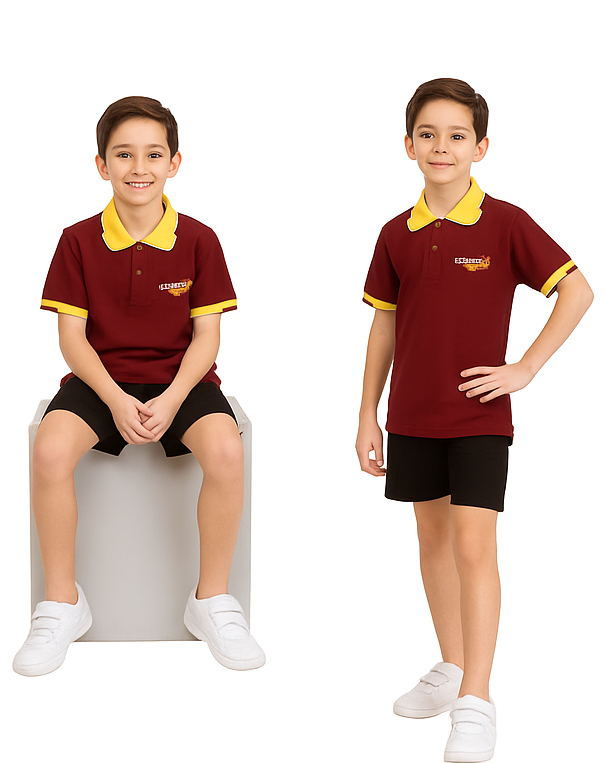 Two children wearing maroon polo shirts with yellow collars and black shorts on a white background.
