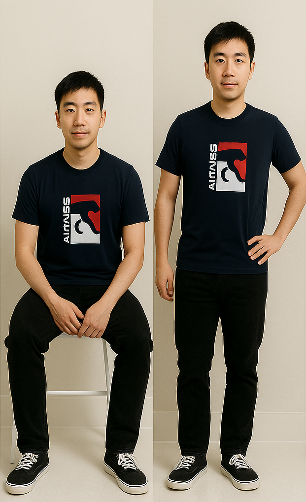 Two men wearing navy t-shirts with a logo on a plain background