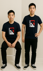 Two men wearing navy t-shirts with a logo on a plain background