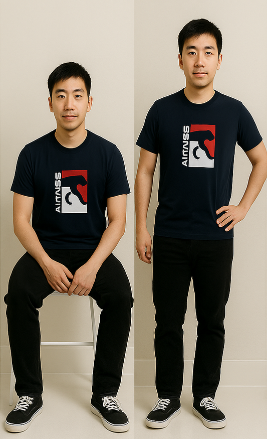 Two men wearing navy t-shirts with a logo on a plain background