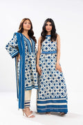 Two women wearing blue and white patterned outfits on a white background