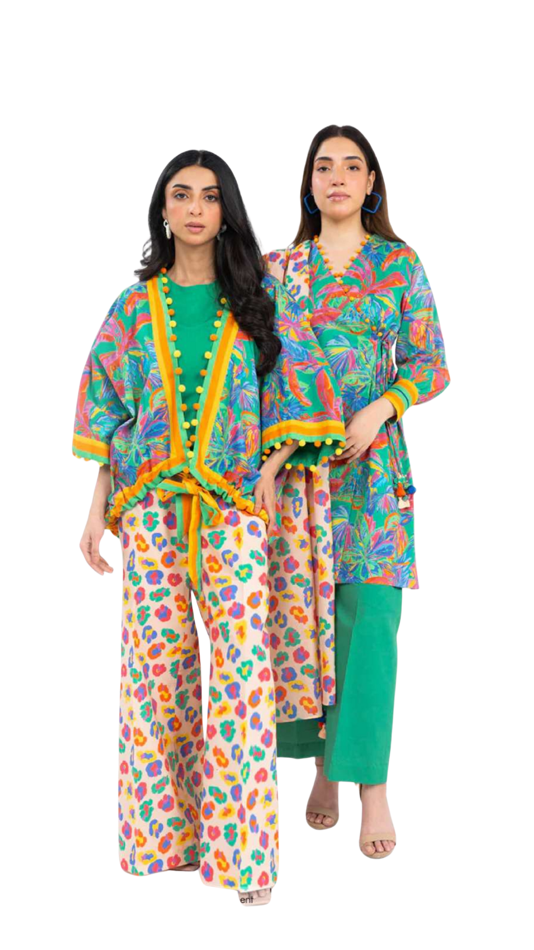 Two women wearing colorful traditional outfits on a white background