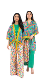 Two women wearing colorful traditional outfits on a white background