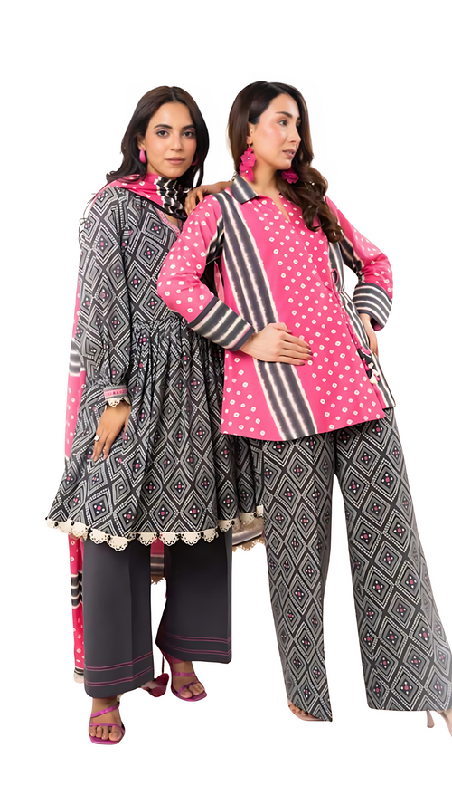 Two women wearing matching pink and gray outfits with a white background