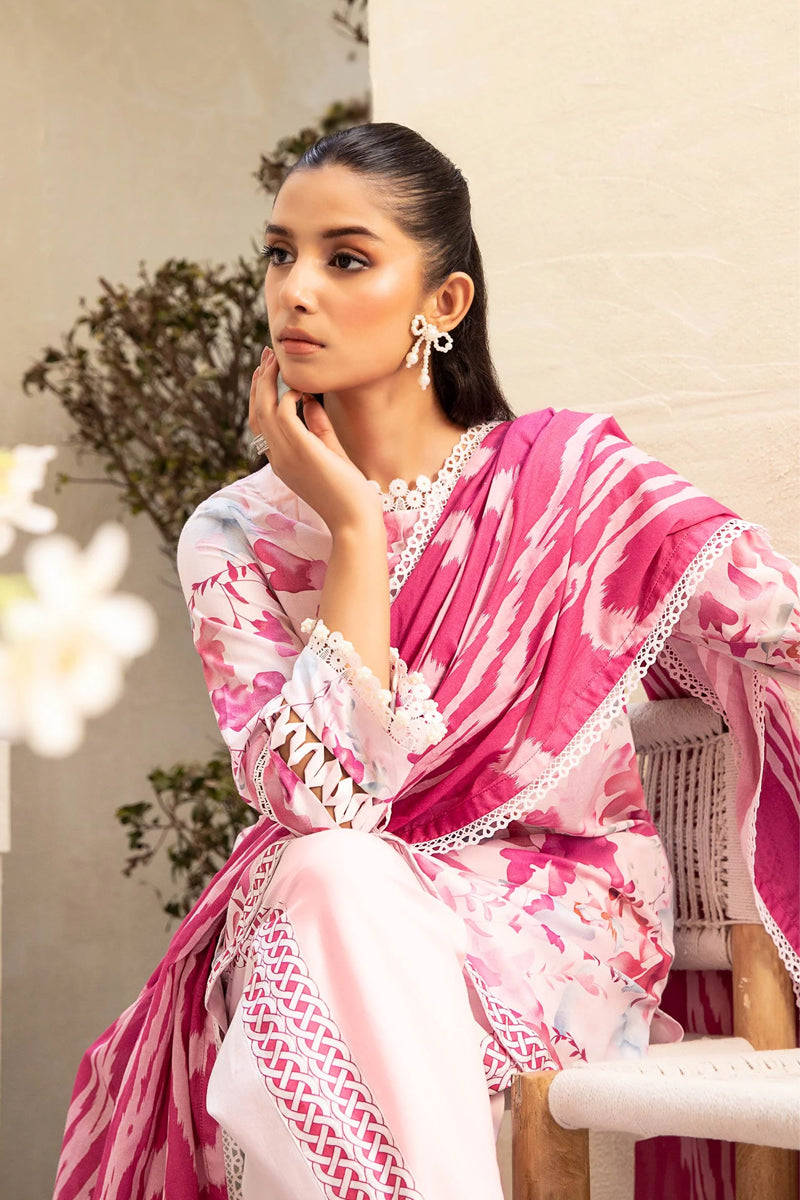 Elahéh By M.Fabrics - 3PC Unstitched Printed Lawn Suit (Dark Pink & White)