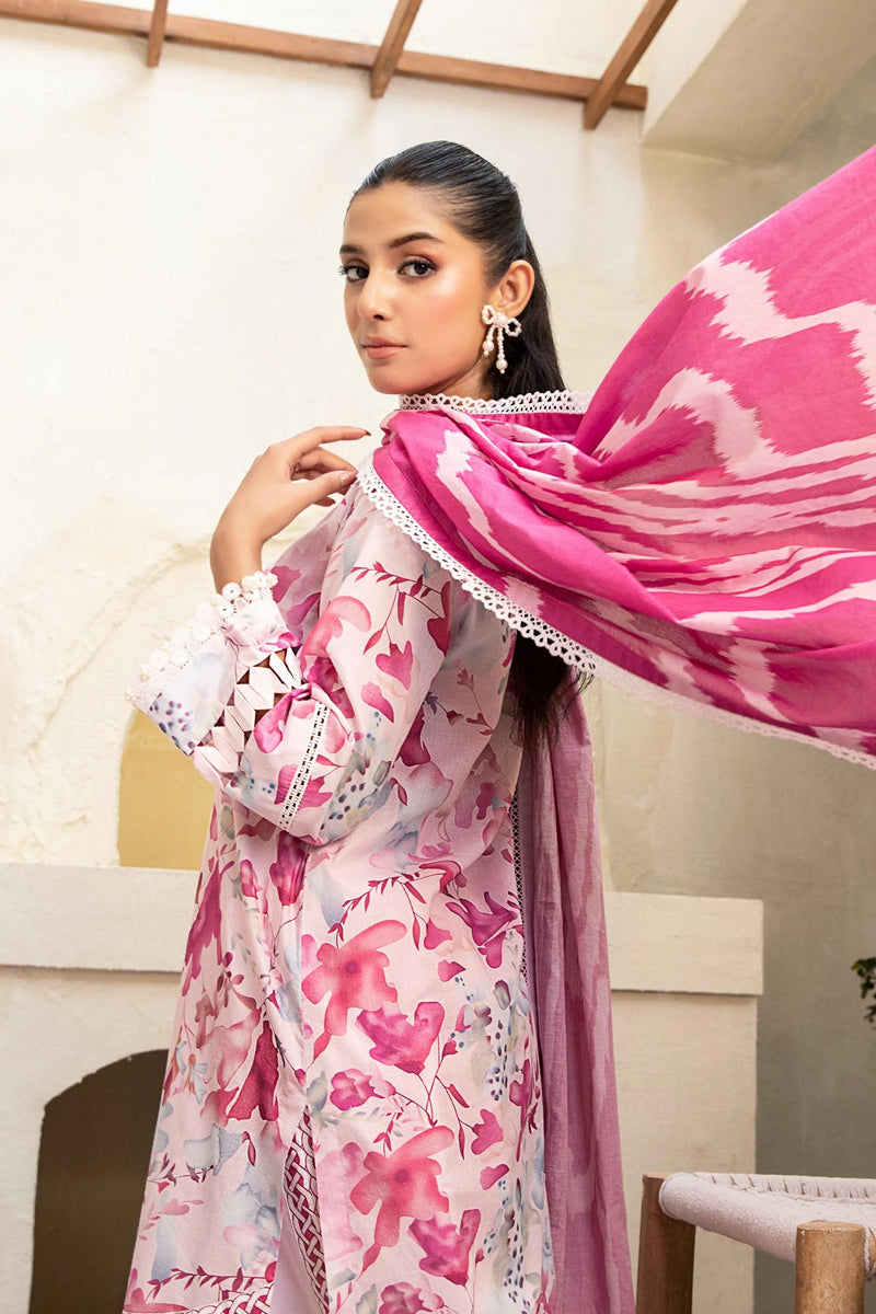 Elahéh By M.Fabrics - 3PC Unstitched Printed Lawn Suit (Dark Pink & White)