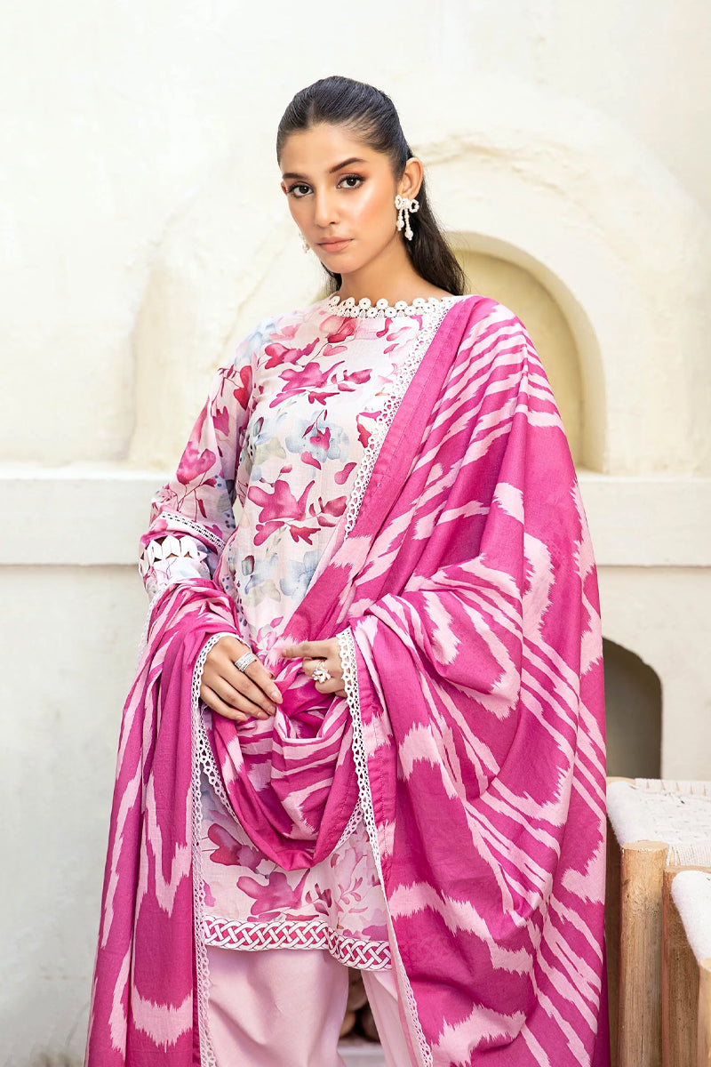 Elahéh By M.Fabrics - 3PC Unstitched Printed Lawn Suit (Dark Pink & White)