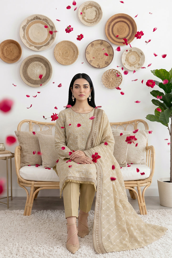 Rimal by UK Vol-61 3PC Unstitched Embroidered Lawn Suit (Cream)