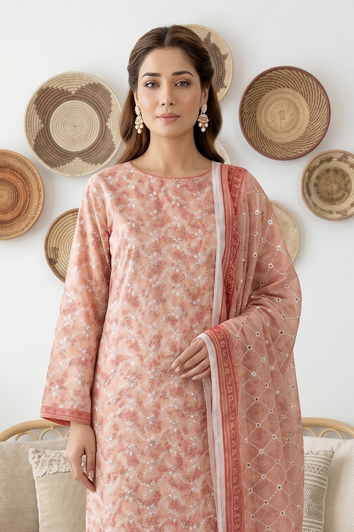Rimal by UK Vol-61 3PC Unstitched Embroidered Lawn Suit (Peach)