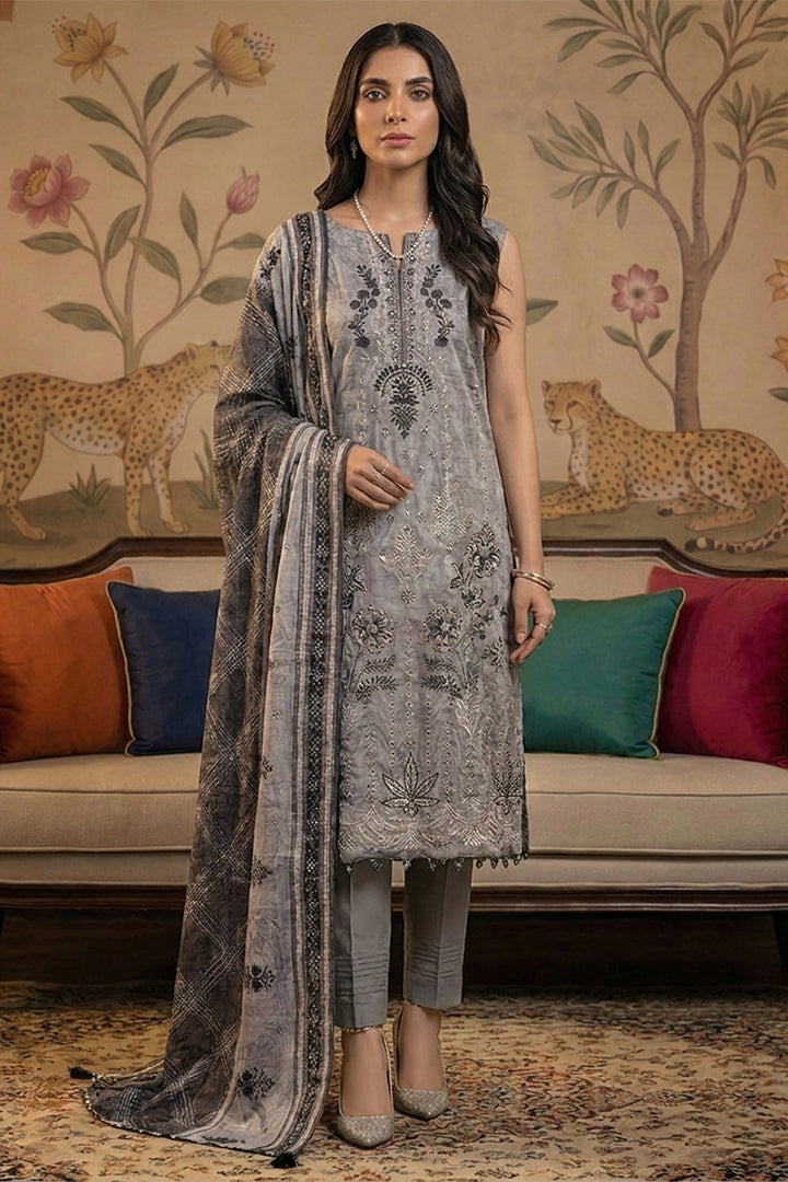 Rimal by UK Vol-22 3PC Unstitched Embroidered Lawn Suit (Grey)