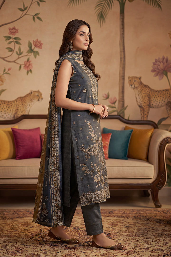 Rimal by UK Vol-22 3PC Unstitched Embroidered Lawn Suit (Charcoal)