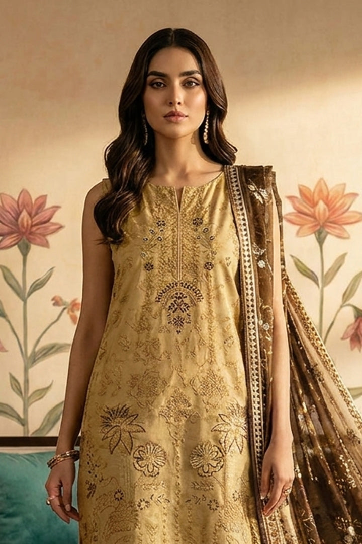 Rimal by UK Vol-22 3PC Unstitched Embroidered Lawn Suit (Light Brown)