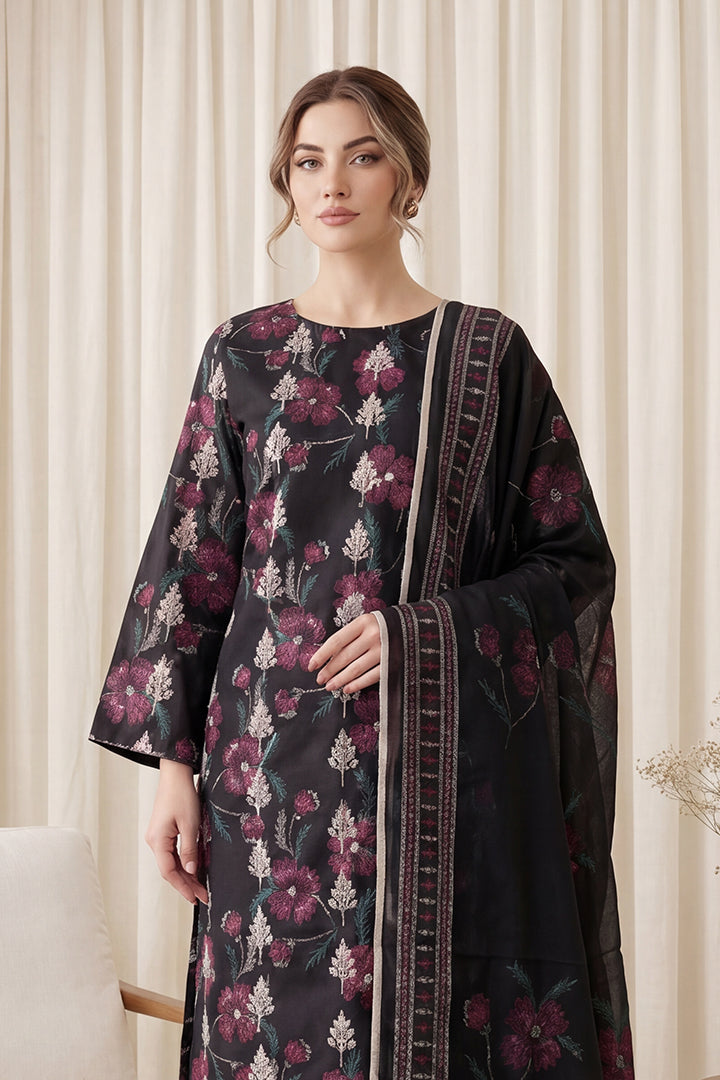Rimal by UK Vol-65 3PC Unstitched Embroidered Lawn Suit (Black)