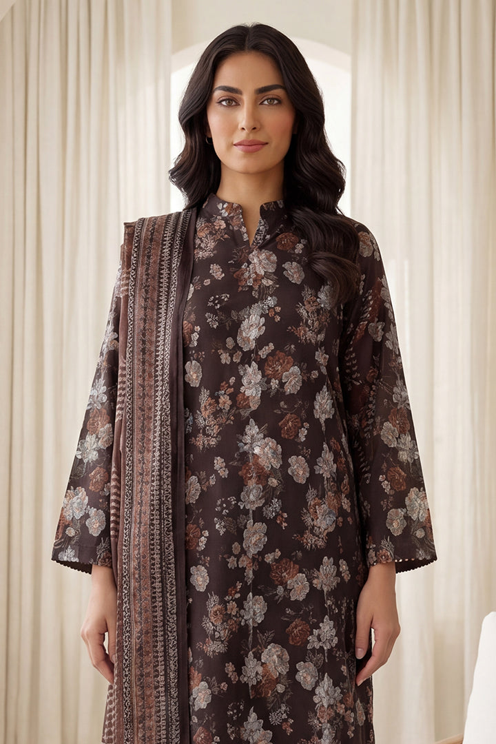 Rimal by UK Vol-65 3PC Unstitched Embroidered Lawn Suit (Dark Brown)