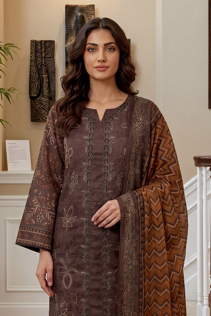 Rimal by UK Vol-46 3PC Unstitched Embroidered Lawn Suit (Brown)
