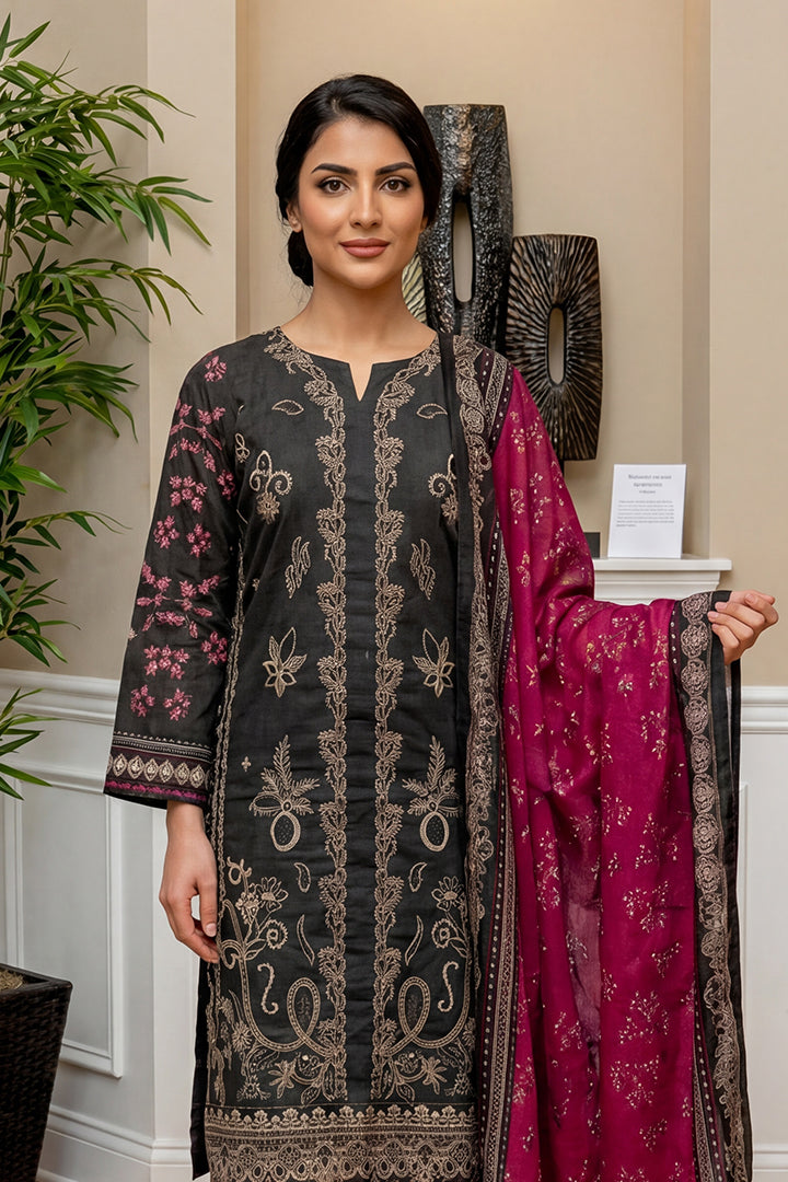 Rimal by UK Vol-46 3PC Unstitched Embroidered Lawn Suit (Black)