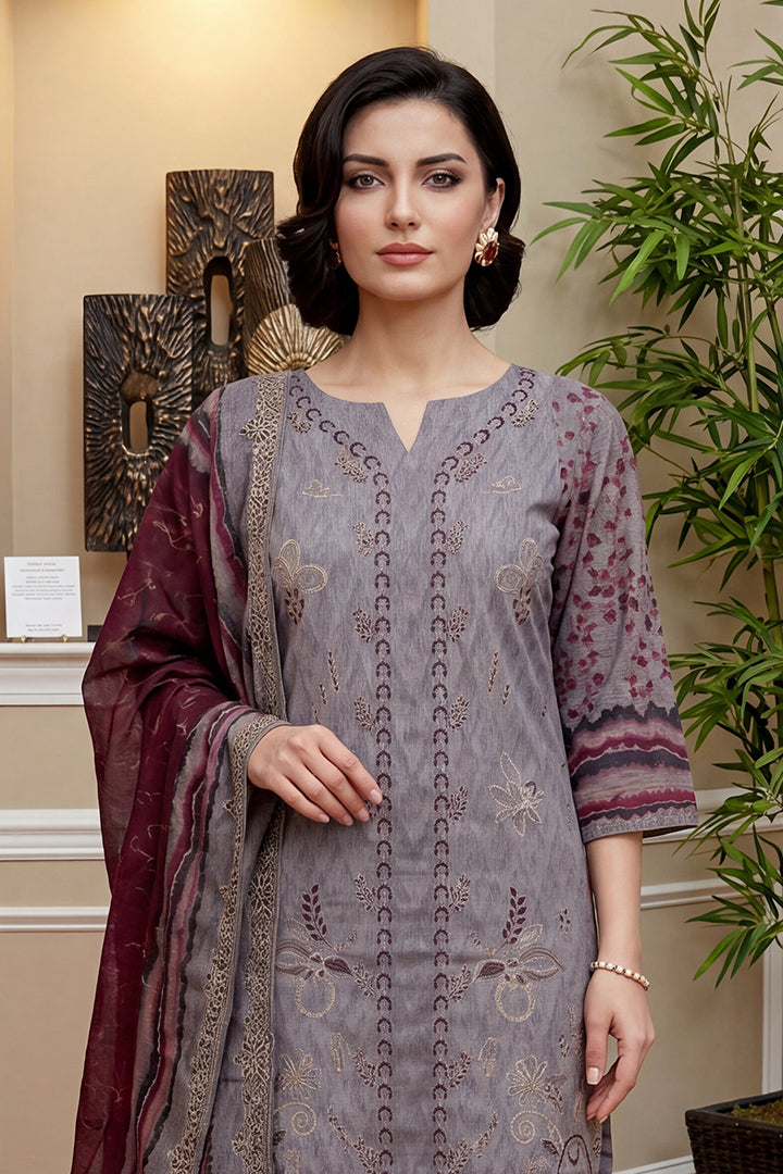 Rimal by UK Vol-46 3PC Unstitched Embroidered Lawn Suit (Grey)